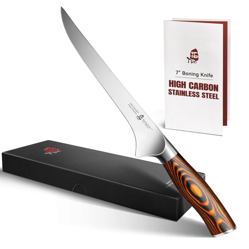 TUO سكين بونينغ TUO، سكين فيليه حادة بطول 7 بوصات لتقليم اللحم مع العظام، مقبض من خشب باكواود بتصميم خشبي، فولاذ ألماني عالي الكربون، صندوق هدايا متضمن - Image 1